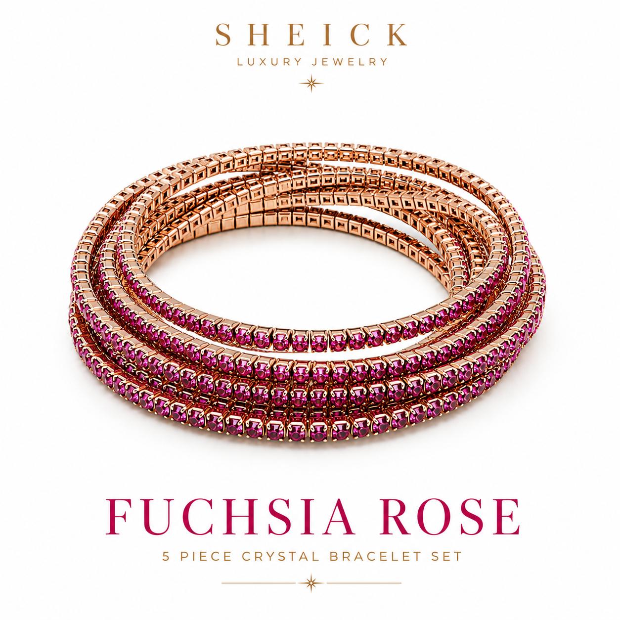Sheick shiny crystal diamond 5 piece bracelet set fuchsia rose